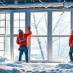 Két munkás téli nyílászáró cserét végez egy ablakon hóesésben.