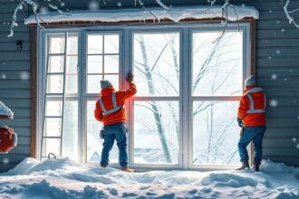 Két munkás téli nyílászáró cserét végez egy ablakon hóesésben.
