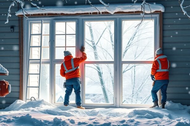 Két munkás téli nyílászáró cserét végez egy ablakon hóesésben.