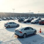 Téli parkoló autók a repülőtéren havazásban.