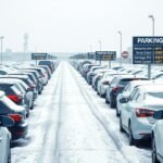 Téli reptéri parkoló autók és díjak a hóban