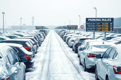 Téli reptéri parkoló autók és díjak a hóban