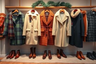 Téli ruhák és cipők bemutatója egy boltban, divatos kabátok és kiegészítők.