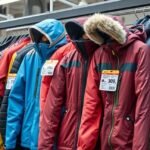 Téli sportruházat különböző kabátokkal az üzletben.