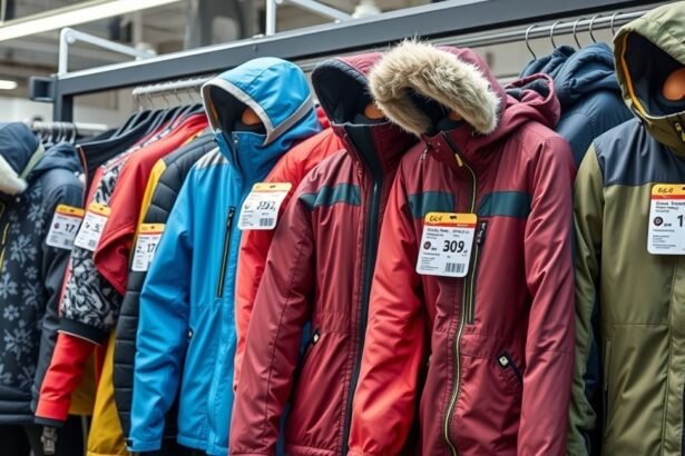 Téli sportruházat különböző kabátokkal az üzletben.