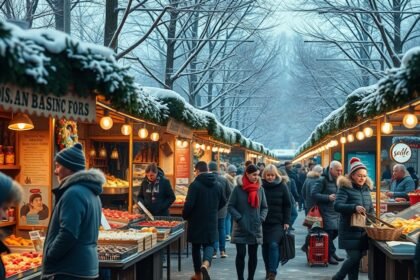 Téli street food piac forgalmas látképe hóval borított fákkal.