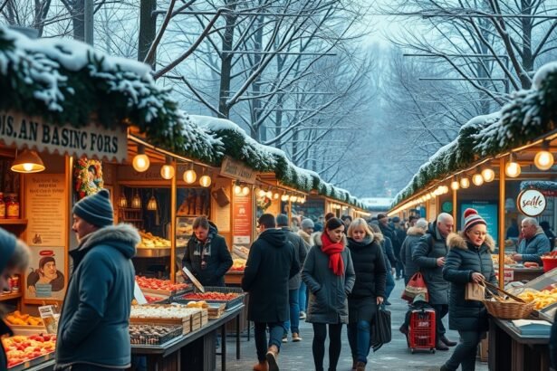 Téli street food piac forgalmas látképe hóval borított fákkal.