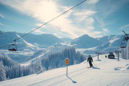 Síelő a szlovákiai hegyekben, téli táj és sífelvonók környezetében.