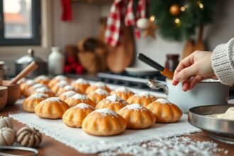 Frissen sült pogácsák az ünnepi sütéshez, konyhai eszközökkel.