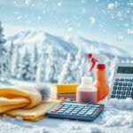 Téli takarítás eszközei és költségsoroló a hóban.