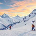 Síelés a festői téli hegyvidéken naplementében.