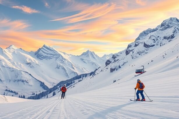 Síelés a festői téli hegyvidéken naplementében.