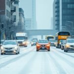 Téli városi közlekedés, hóban közlekedő autók a városban.