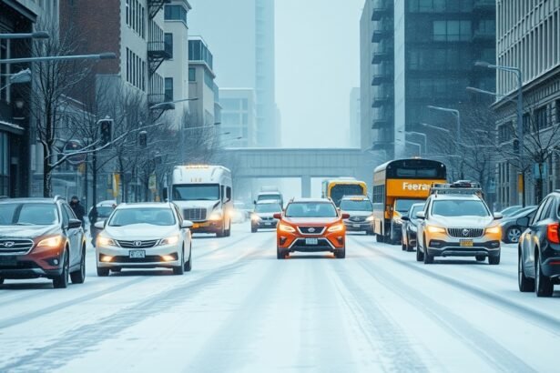 Téli városi közlekedés, hóban közlekedő autók a városban.