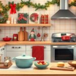 Karácsonyi dekorációval díszített konyha sütéshez és főzéshez.