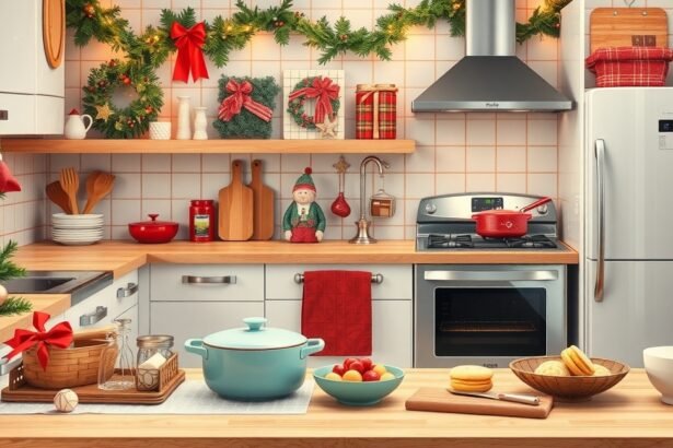 Karácsonyi dekorációval díszített konyha sütéshez és főzéshez.