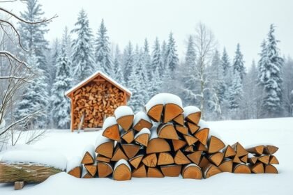 Tűzifa halom hóval borított téli tájban.
