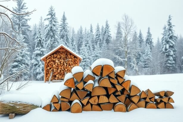 Tűzifa halom hóval borított téli tájban.