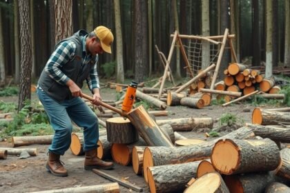 Tűzifa felhasogatása erdőben egy szakember által