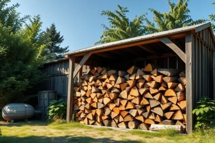 Tűzifa tárolása egy fedett tárolóban a kerben