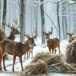 Téli etetésre váró szarvasok hóval borított erdőben