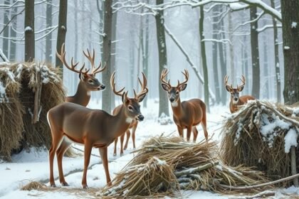 Téli etetésre váró szarvasok hóval borított erdőben