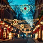 Ünnepi világítás karácsonyi dekorációval díszített utcában.