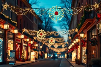 Ünnepi világítás karácsonyi dekorációval díszített utcában.