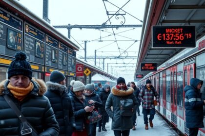 Utasok a téli vonatállomáson, jegyárak kijelzővel