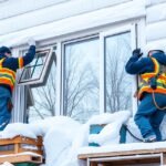 Téli ablakcsere munkálatai, ablakot szerelnek be hóban.