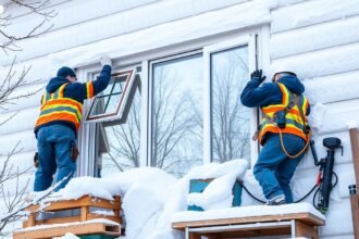 Téli ablakcsere munkálatai, ablakot szerelnek be hóban.