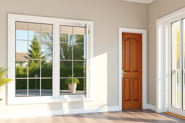 Modern ajtó és ablakok egy világos nappaliban