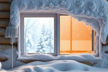 Téli ablak szigetelés nézet a hóval borított házból