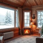 Téli szigeteléshez ideális otthoni ablakok belső nézete, kandallóval.