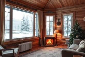 Téli szigeteléshez ideális otthoni ablakok belső nézete, kandallóval.