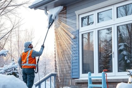 Téli ablakok tisztítása egy férfi által, hóval borított háttérben.