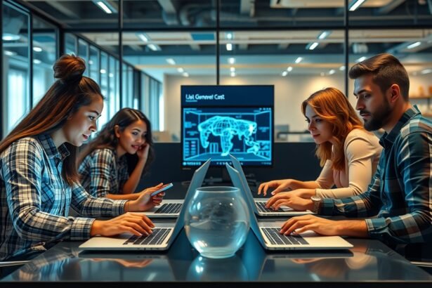 Fiatal felnőttek AI képalkotóval dolgoznak egy modern irodában.