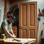 Férfi ajtófelújítással foglalkozik asztalos műhelyben.
