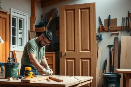 Férfi ajtófelújítással foglalkozik asztalos műhelyben.