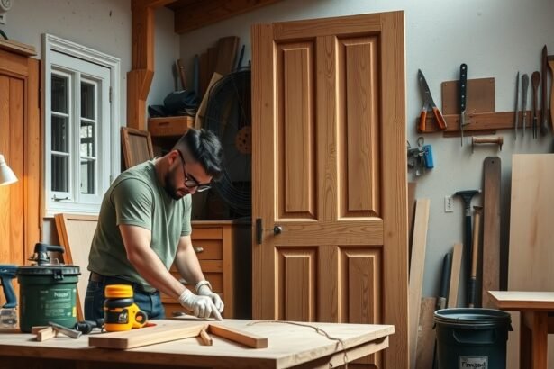 Férfi ajtófelújítással foglalkozik asztalos műhelyben.