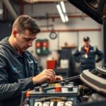 Autószerelő akkumulátor cserét végez egy szerelőműhelyben.