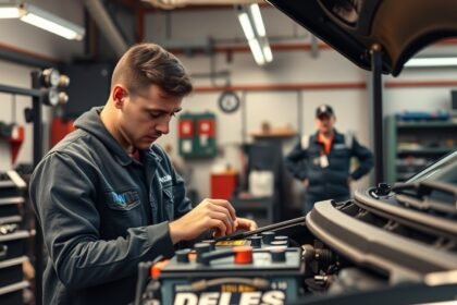 Autószerelő akkumulátor cserét végez egy szerelőműhelyben.