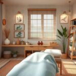 Akupunktúrás szoba tágas és nyugodt környezetben.