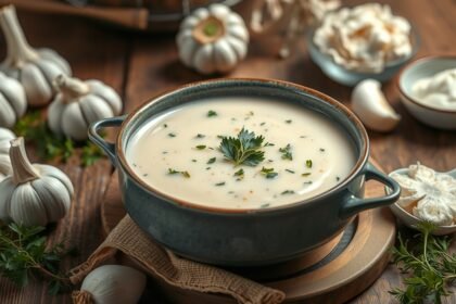 Fokhagymakrémleves friss fűszerekkel, fokhagyma környezetben