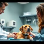 Két állatorvos vizsgál egy kutyát az állatkórházban.