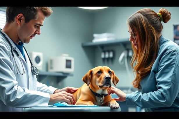 Két állatorvos vizsgál egy kutyát az állatkórházban.