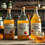 Almaecet üvegben és friss hozzávalók egy konyhában.