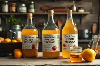 Almaecet üvegben és friss hozzávalók egy konyhában.