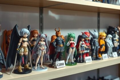 Anime figurák gyűjteménye különböző árakkal egy vitrinben.