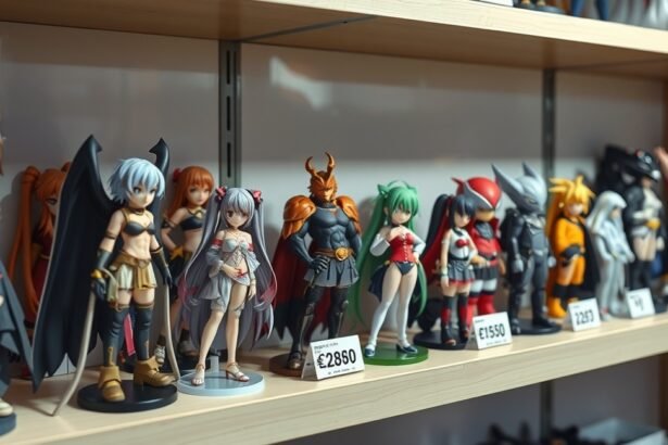 Anime figurák gyűjteménye különböző árakkal egy vitrinben.